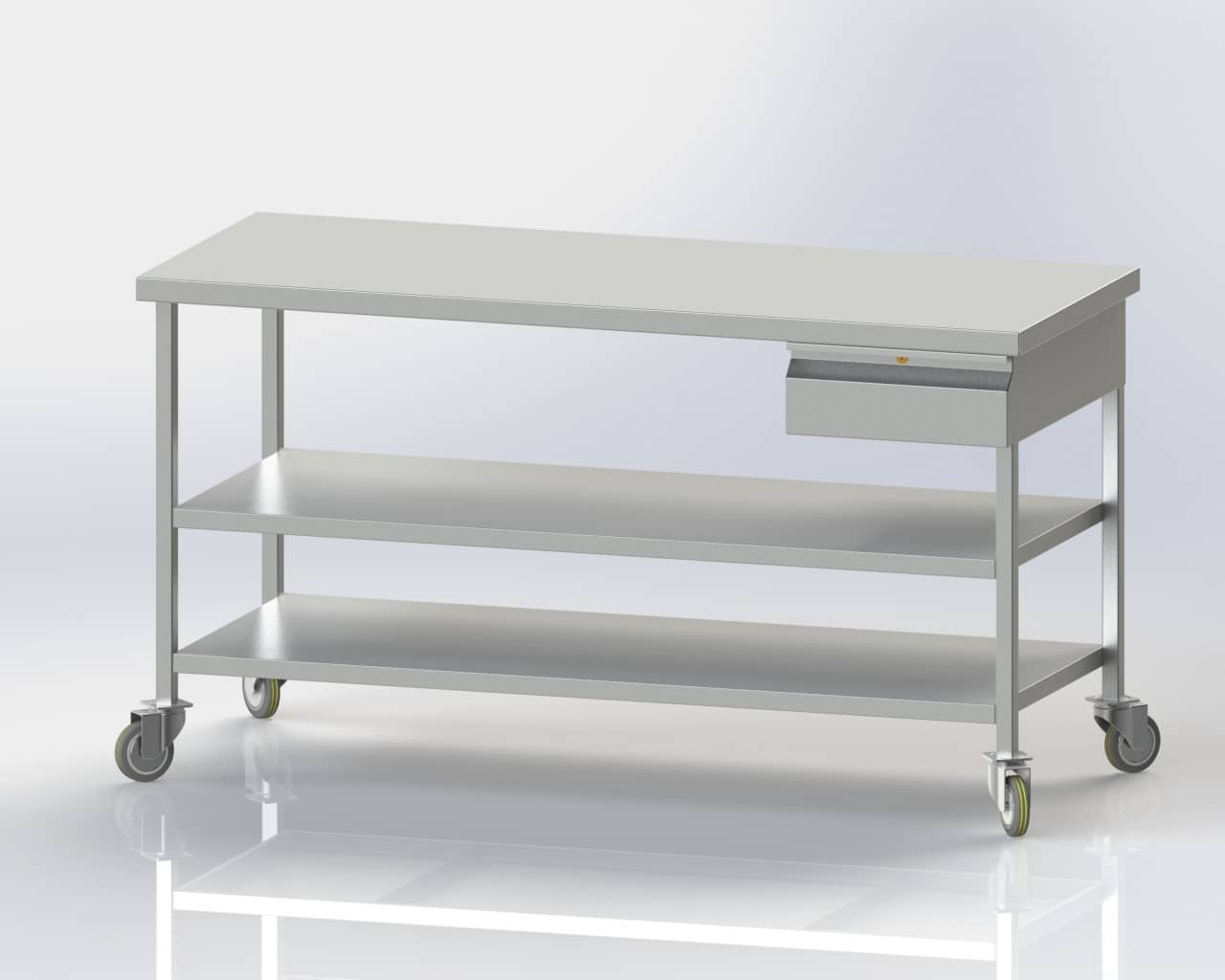 Mobile Table with Lower and Intermediate Shelves and Single Drawer